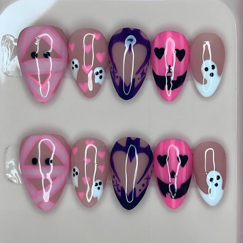 30pcs Halloween Press On Nails Gothic Skeleton Skull Spider Web Black Cat Haunted House Fake Nail Almond False Nail for Women