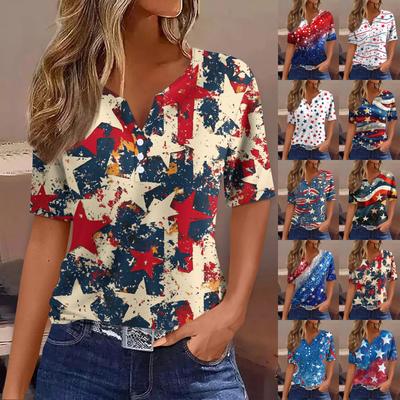 Damenmode Lässig Unabhängigkeitstag Print V-Ausschnitt Kurzarm Verzierter Knopf T-Shirt Top
