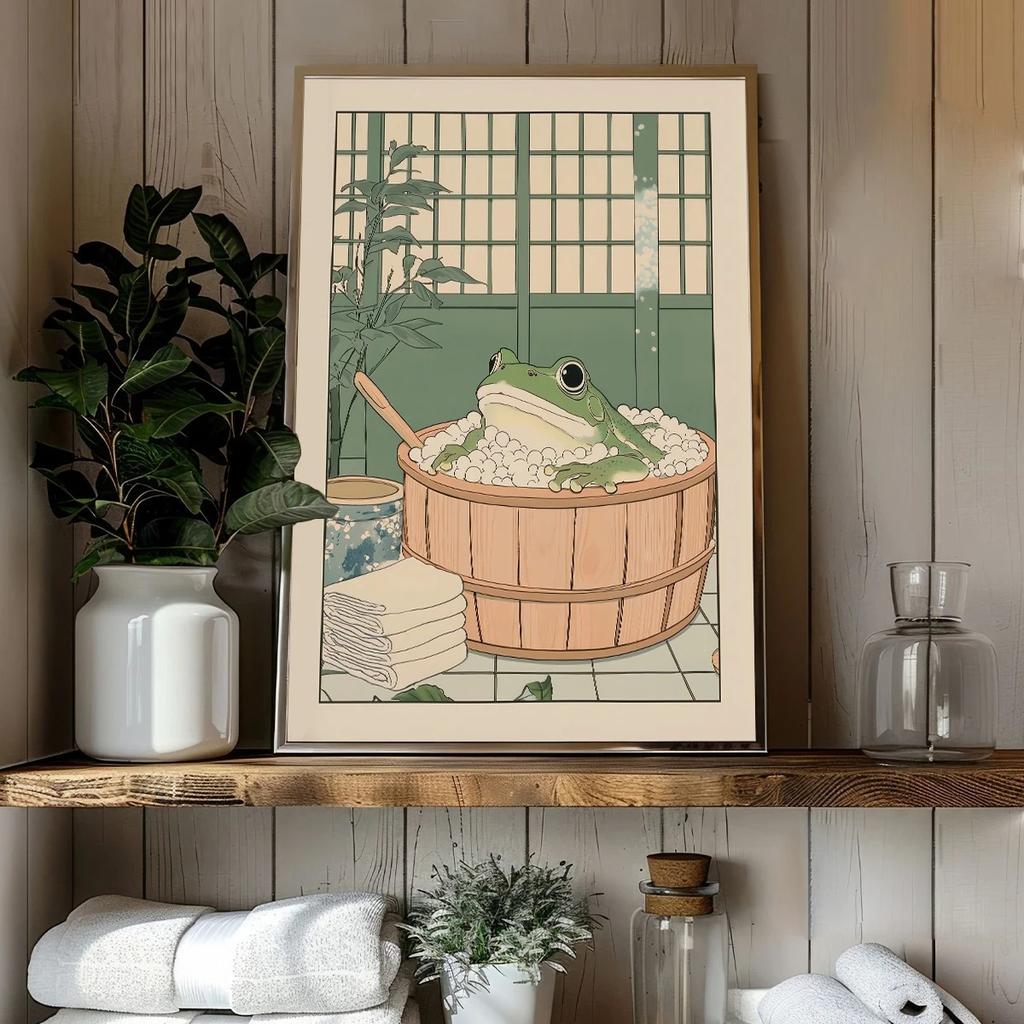 Japanese Frog in A Bathtub Print Poster Vintage Cute Fun Animal Canvas Painting Bathroom Home Decor Poster Gifts-unframed