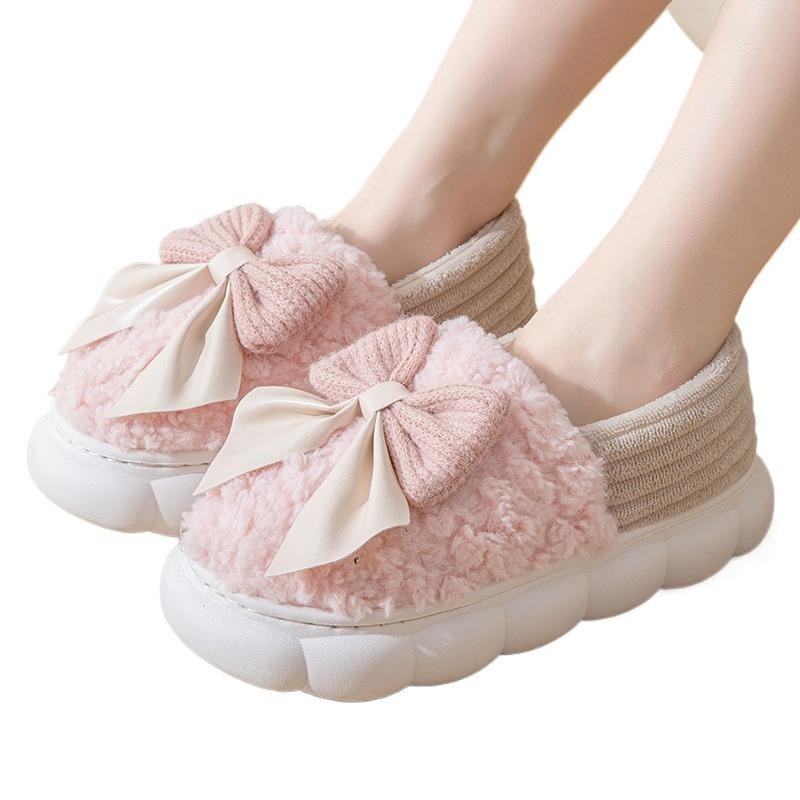 Fashion Fur Slippers For Women Winter Bow Furry Fashion Warm Ankles Plush Cozy Slides For Home Indoor Soft Sole Cotton Shoes