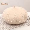 Women Beret Faux Pearl Rhinestone Decor Vintage English Style Woolen Hat No Brim Solid Color Adjustable Straps Pumpkin Cap