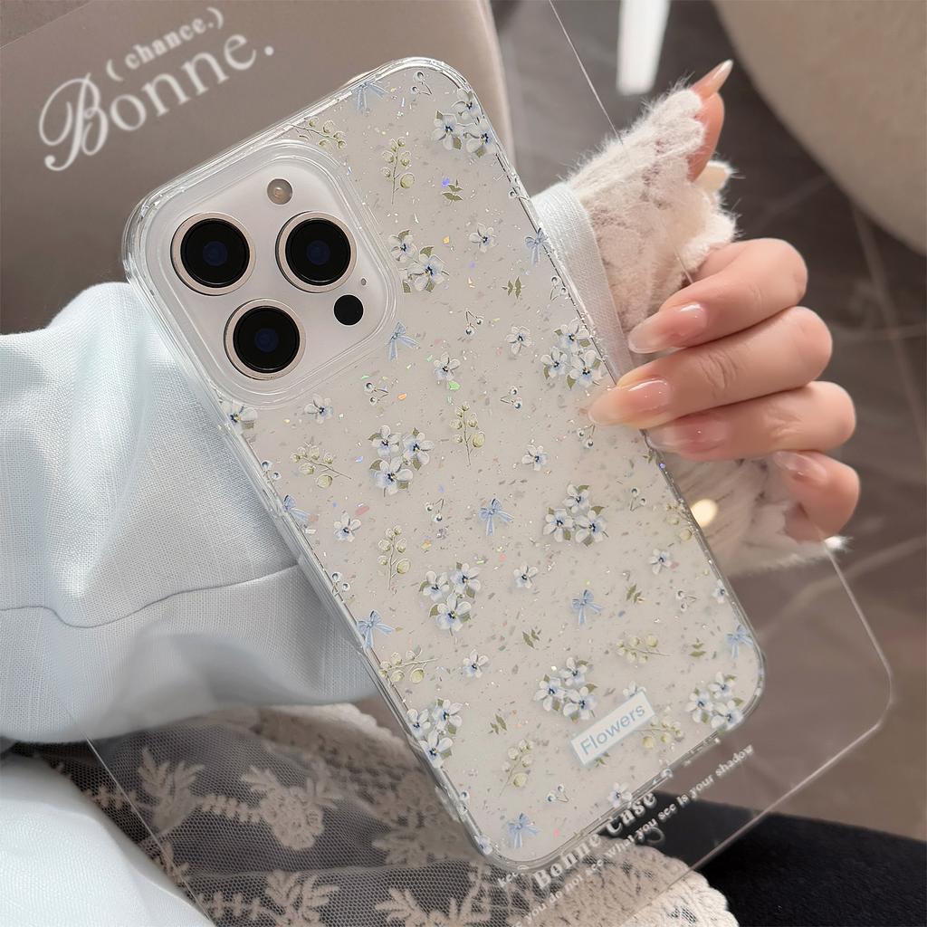 Gentle Blue Floral Suitable for Apple 16 Promax Mobile Phone Case 17 Fresh and Beautiful Iphone14 Glitter 11 Transparent