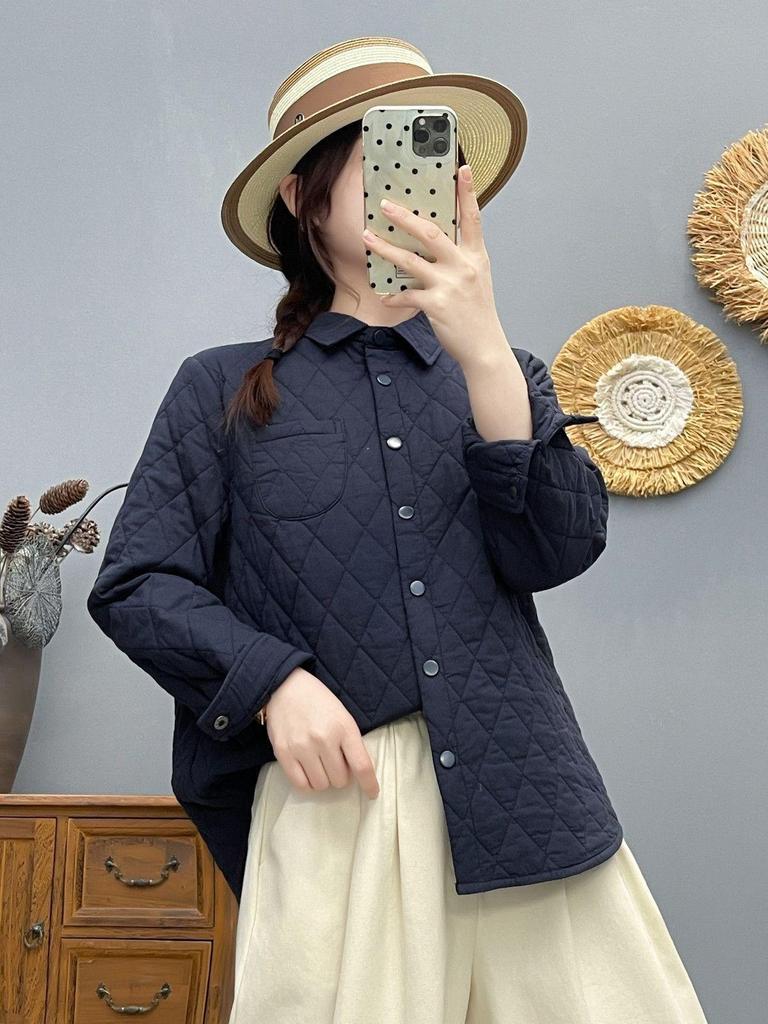 2025 Women's Autumn/Winter Quilted Diamond Pattern Padded Shirt Jacket with Pointed Collar - Casual Warm Base Layer Top