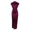 AM211217 High Waist Red Midi Evening Dress - Solid Color, Elegant Style