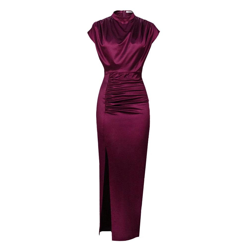 AM211217 High Waist Red Midi Evening Dress - Solid Color, Elegant Style