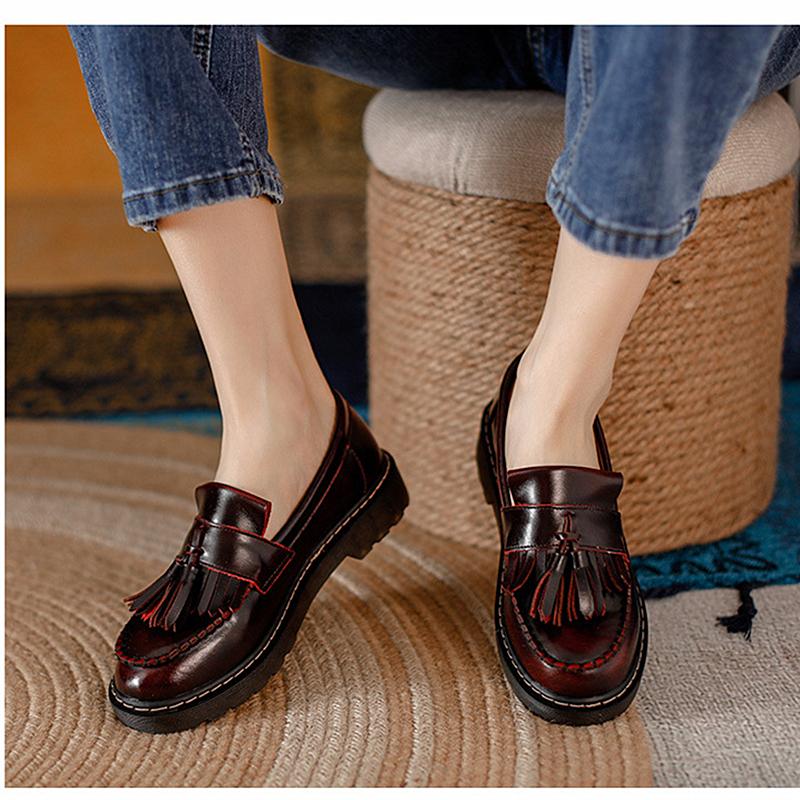 Leather Vintage Nostalgia Lolita Shoes Tassel Cowhide Loafers Women Shallow Student Maiden Shoes Pumps Mary Janes Shoes