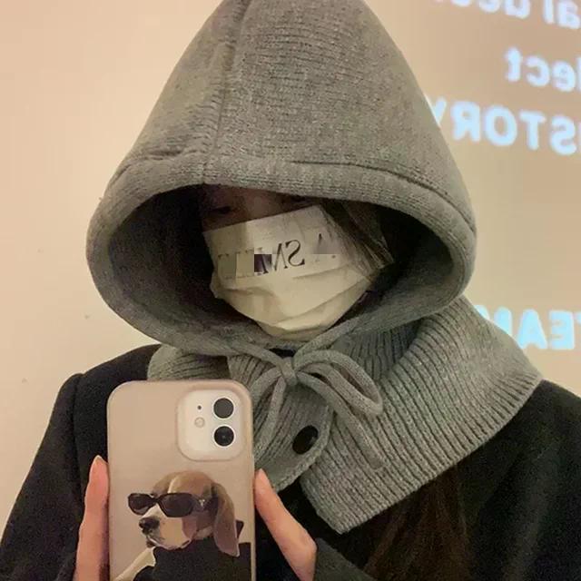 Korea Winter Hats and Scarf Set with Botton Scarf Balaclava Hat Warm Neck Set Women Knitted Wool Pullover Hat Gothic Y2k