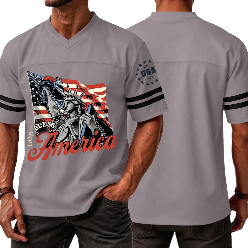 Casual V Neck Sports Jersey Short Sleeve T Shirt with Graphic Print USA Independence Day Theme Athletic Top for Men