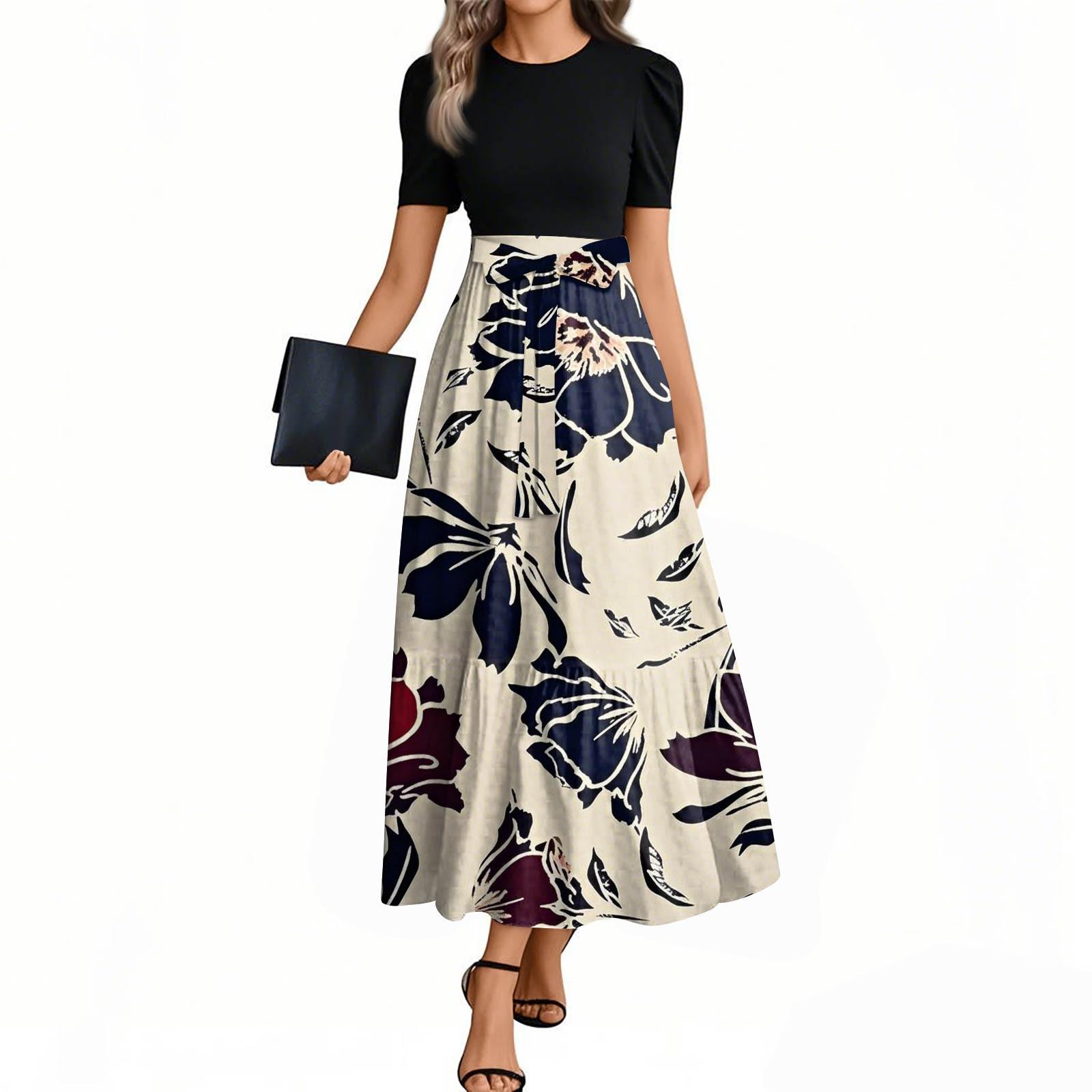 

Женские модные повседневные платья с поясом, короткими рукавами и круглым вырезом, с принтом, элегантные, темпераментные XL тёмно-синий