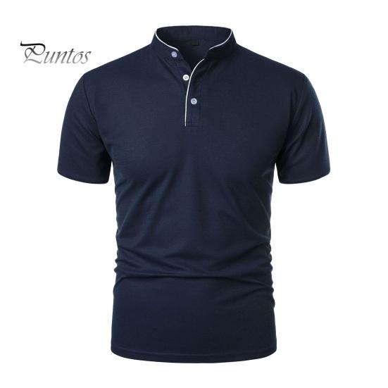 

Мужская футболка с коротким рукавом, воротник-стойка, однотонная футболка, повседневная базовая рубашка, топ обычного кроя для спорта, путешествий, офиса, повседневной одежды M темно-синий