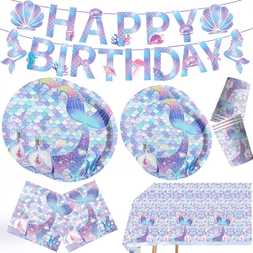 Mermaid Theme Party Supplies: Colorful Fish Scale Napkins, Plates, Cups, Flags, and Swirl Decorations