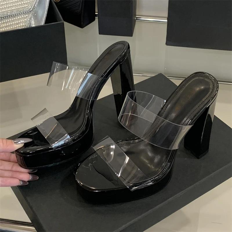 Eilyken Summer PVC Transparent Square Toe Slippers Women Chunky Heels Party Dress Slide Shoes Zapatos De Mujer