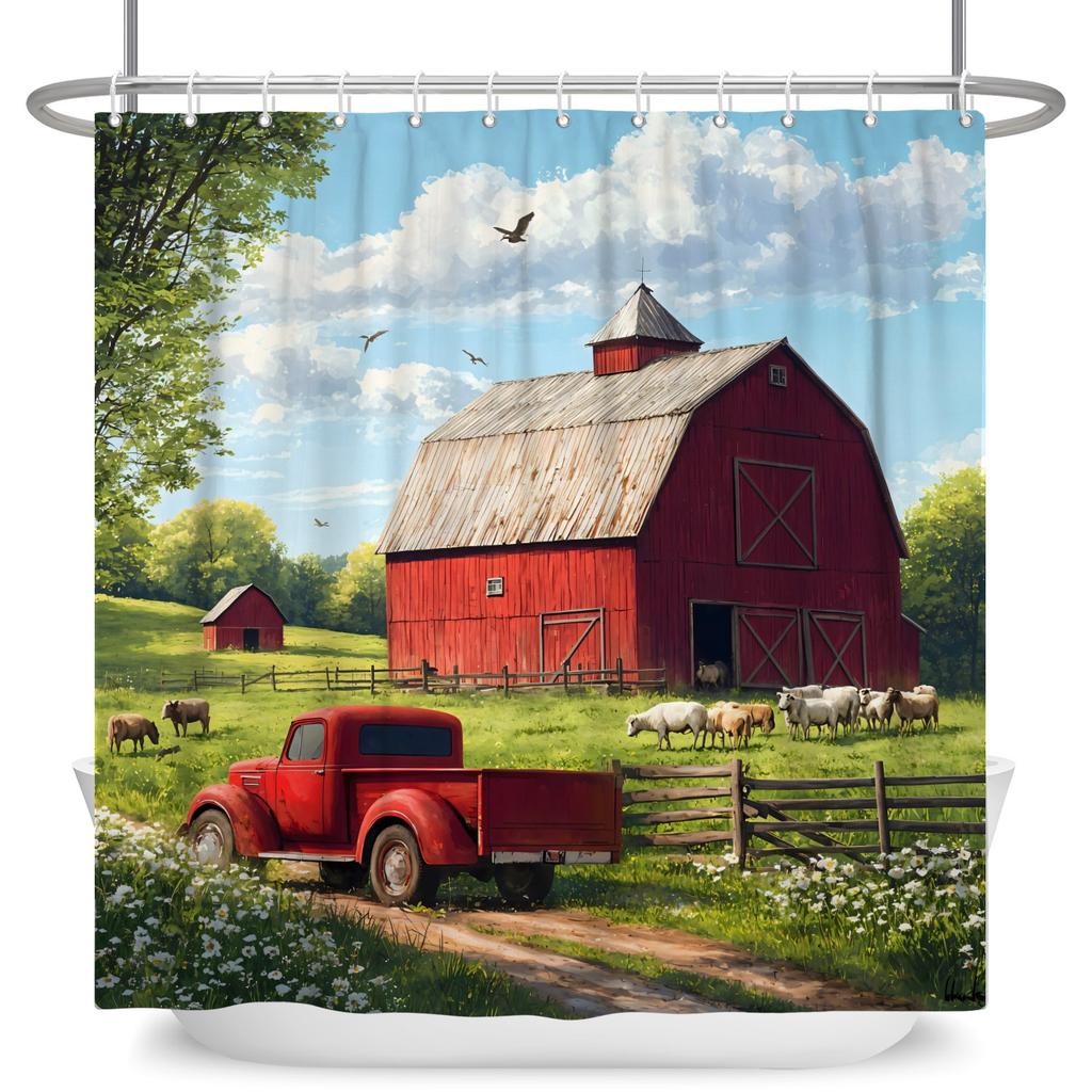 Garden Path Shower Curtain with 12 Hooks Realistic Forest Landscape Butterflies Waterproof Polyester Bathtub Bathroom Curtain