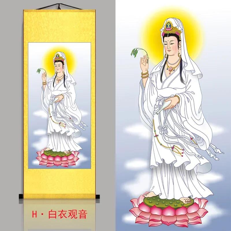 

Customized Chinese Style Silk Cloth Guanyin Portrait Hanging Painting, Household Offering Buddha Statue Scroll Feng Shui People 30X80CM