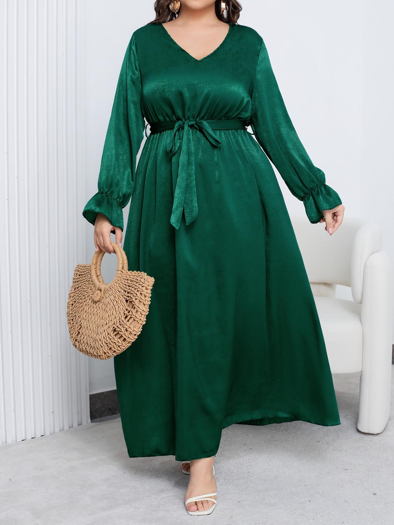 

2025 Spring/Autumn Plus Size Women s Elastic Waist Slim Long Skirt Dress 3XL зелёный