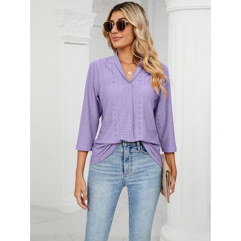 Loose Mid-Sleeve V-neck Top Fashion Jacquard Loose-Fitting Tops Middle Sleeve Pullover V Neck Tops