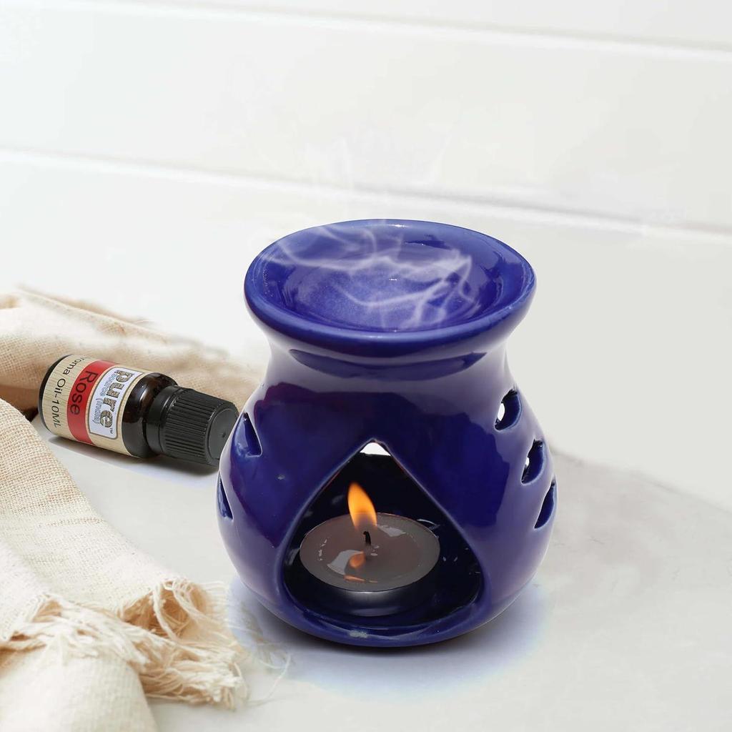 Ceramic Clay Candle Operated Aroma Burner|Oil Diffuser Coming with 1 Tea Candle (Blue ; 9 Cm)