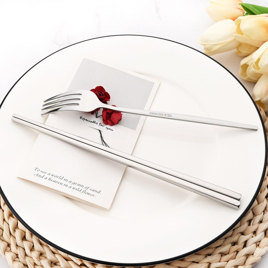 Black Stainless Steel Set Cutlery Dinner Fork Chopsticks Portable Dinnerware Set 2Pcs Silverware Western Kitchen Home Tableware