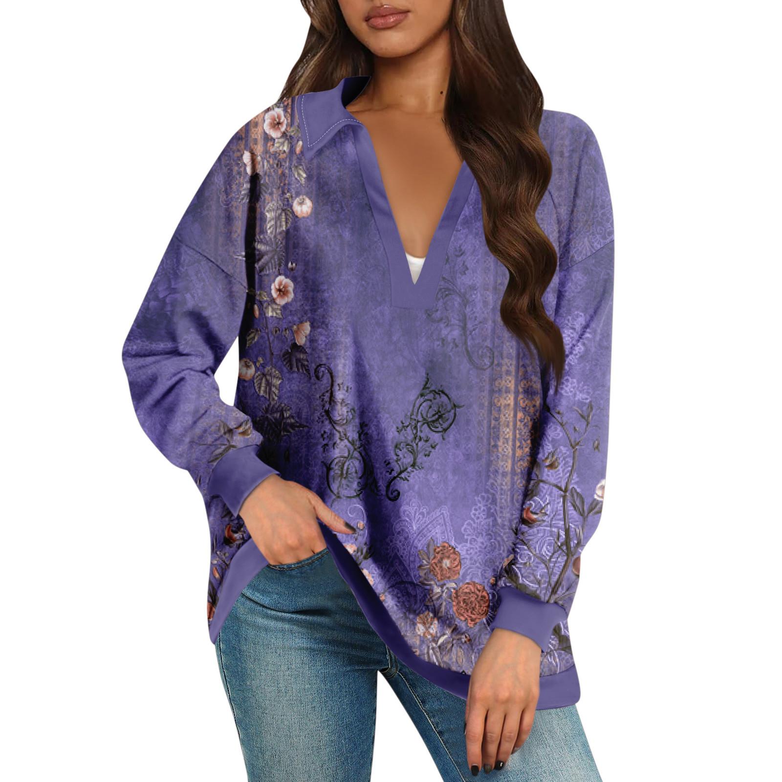 

Жіночі світшоти великого розміру Осінні топи з довгим рукавом і V-подібним вирізом Повсякденний пуловер із принтом Милий повсякденний одяг XL фіолетовий