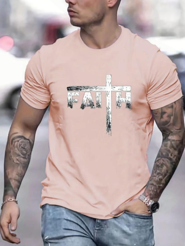Men's Summer 3D Printed Men's T-shirt Faith Print Loose Large Casual Round Neck Short Sleeve T-shirt