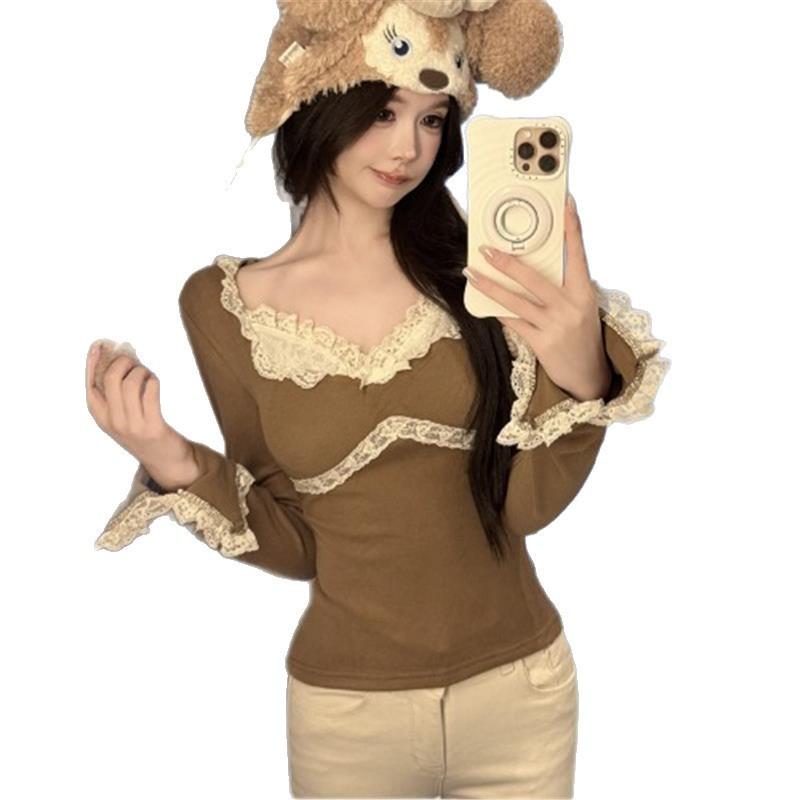 Splicing German velvet long-sleeved t-shirt women's autumn new pure desire square collar top women's lace bottoming shirt chic and beautiful