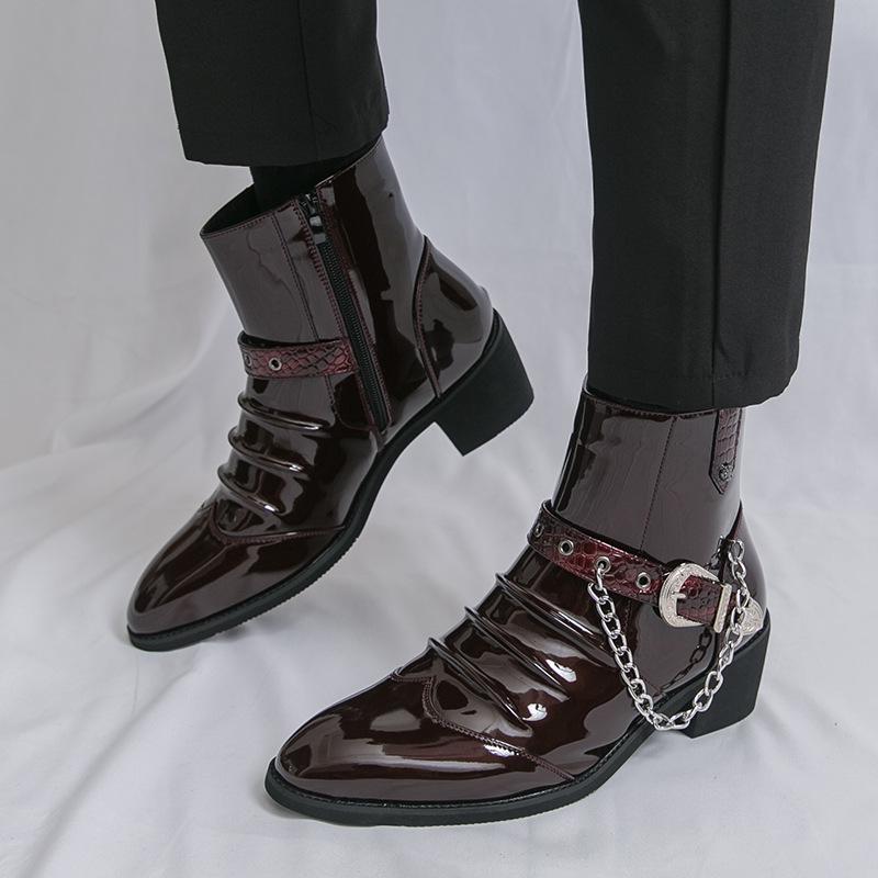 Chelsea Martin Men's High-Top Patent Leather Boots with Pointed Toe, British Style, Zipper, and Height Increasing Feature for Autumn/Winter.