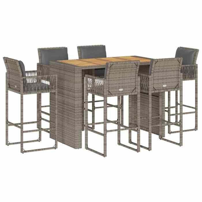 VidaXL 7-piece Garden Bar Set with Grey Poly Rattan Cushions, Bar Table Set, Bar Table and Chair, 3328904