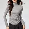 Women's 40s Combed Pure Cotton Base Shirt - Skin-Friendly, Half-High Neck, Long Sleeve, Slimming, Ruched Waist Autumn Top