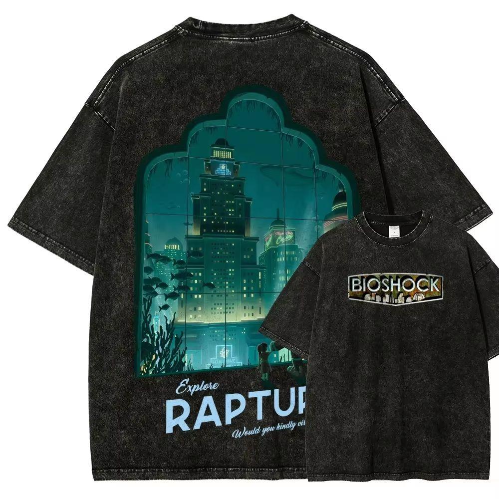 Pop BioShock Game Short-sleeved Washed-out Distressed Pure Cotton Loose Men's and Women's Shirt Large Size