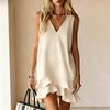 V-neck Sleeveless Loose Ruffle Edge Hem Summer Dress Elegant Loose Fashion Party Solid Color Sweet Short Dresses Casual Simple A-line Clothing