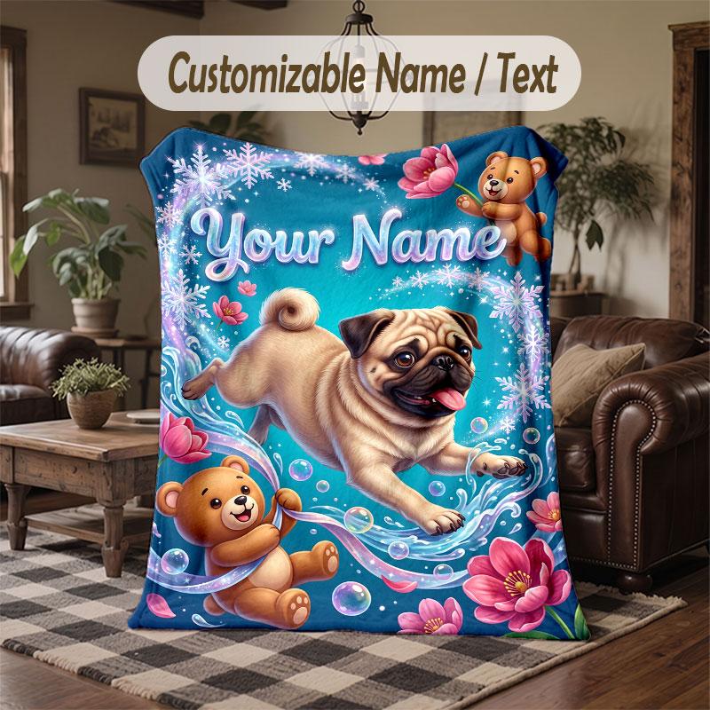 Pug Theme Throw Blanket Custom Name Text Personalized Blanket Soft Cozy Blanket for Home Sofa Bed
