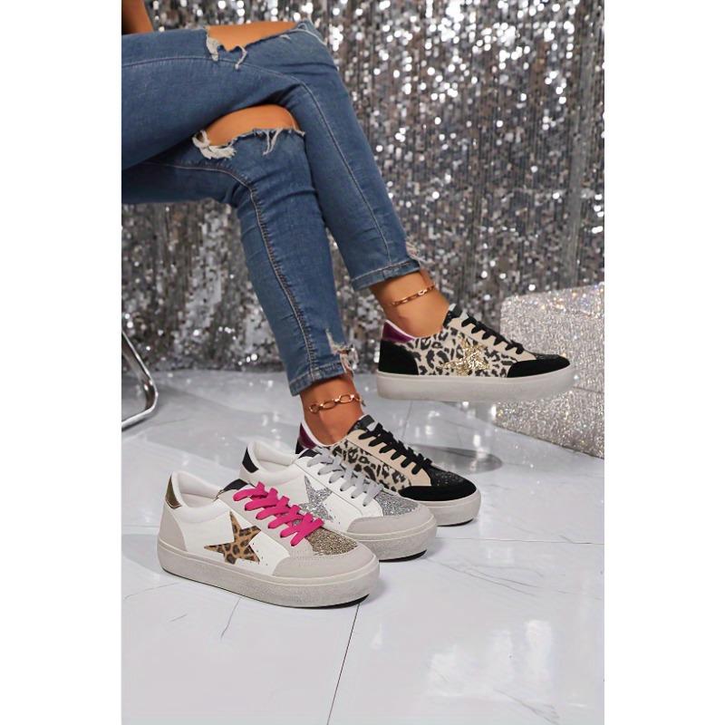 [Everyday Comfort] Women's Leopard Print Star Sneakers, Casual Lace-Up Low Top Shoes with Round Toe, Fabric Upper & Mesh Inner, PVC Sole