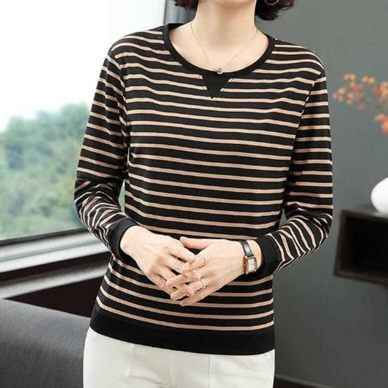 WTEMPO Dámský jarní pruhovaný svetr s dlouhým rukávem, velká velikost, dámský volný bavlněný kulatý výstřih, ležérní topy, velká velikost