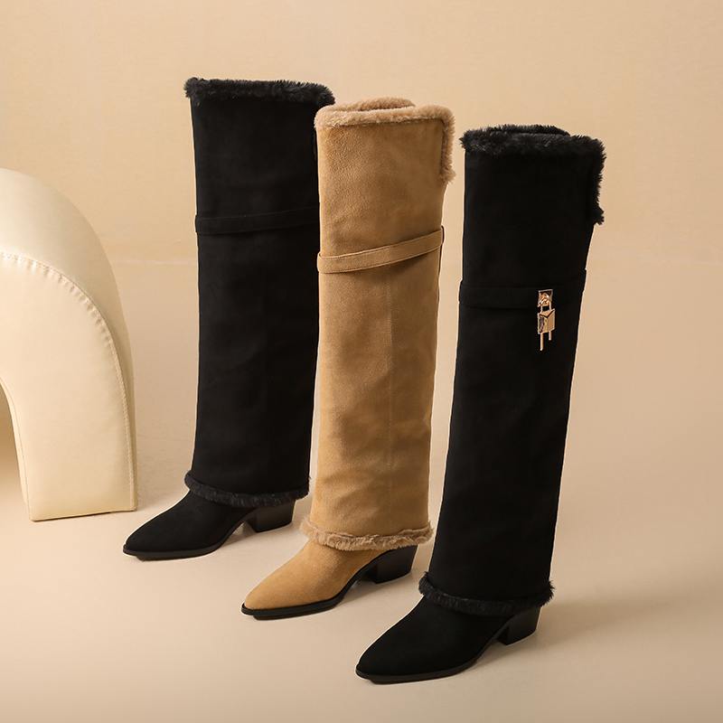 Krazing Pot Flock Pointed Toe Thick High Heels Thigh High Boots Size 46 Size 45 Slip On Plus Size Women Keep Warm Over-the-knee Boots