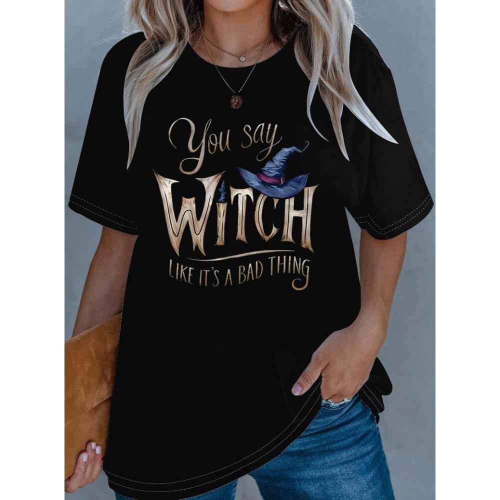 Plus Size Elegant Outfit Featuring Enchanting Witch Motif And Sassy Slogan
