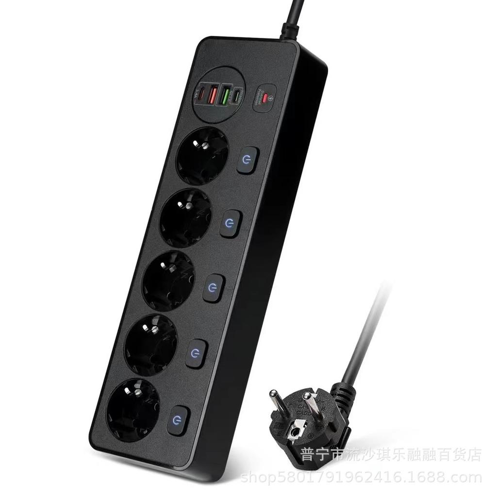 European 5-Hole Smart Power Strip with USB Fast Charge PD20W, Overload Protection, and Independent Switch Controls.