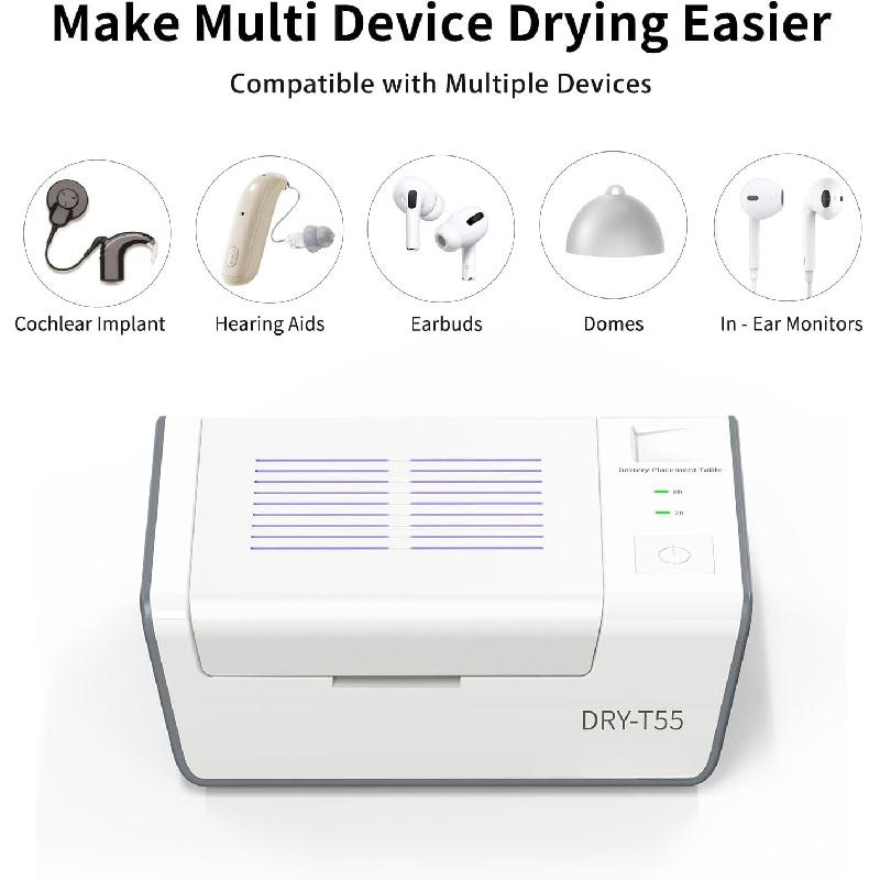 Hörgeräte Trockner Entfeuchter, Doppelte Trocknungsmodusauswahl, Reinigungsset für die Trockenbox, Entfernt Schweiß & Feuchtigkeit für Hörgeräte, Verstärker, Ohrstöpsel