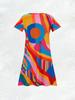 Robe d'été décontractée à manches courtes et col en V pour femme, style vacances, imprimé géométrique abstrait, coupe évasée, longueur midi, pour la plage et le voyage