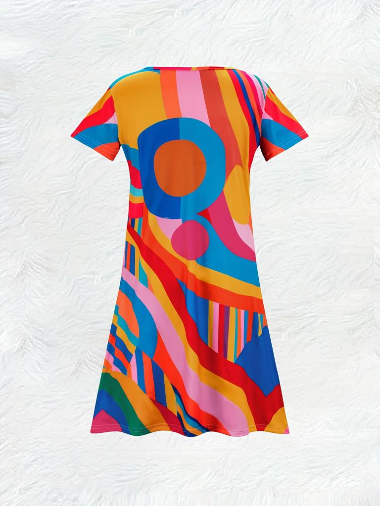 Robe d'été décontractée à manches courtes et col en V pour femme, style vacances, imprimé géométrique abstrait, coupe évasée, longueur midi, pour la plage et le voyage