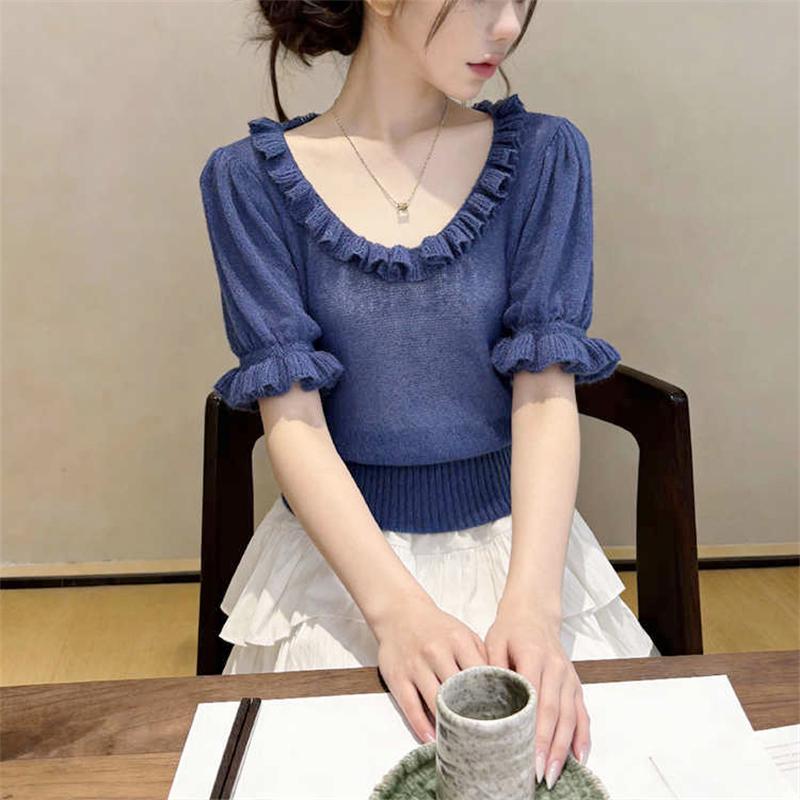 Korean Style V-Ne Knitted Top Women's Spring Summer Thin Micro-Light Waist-Cinching Spicy Girl Faion Wood Ain Design