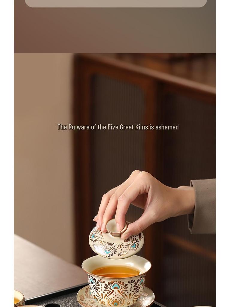 Ru Kiln Kung Fu Tea Set: Light Luxury Teapot, Teacups & Brewing Tray