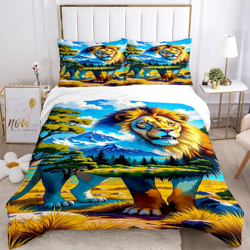 3pcs Lion Safari Duvet Cover Set -Includes 1 Duvet Cover and 2 Pillowcases, No Quilt Core, All-Season Home Decor  Yy251111117