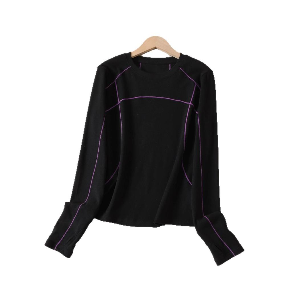 Women's Slim-Fit Color-Block Sports Long-Sleeve T-Shirt: Vibrant Colors, Contrast Stitching, Round Neck, Outdoor Style