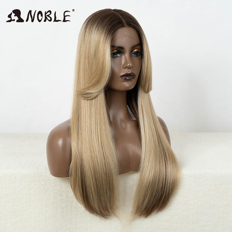 Noble Honey Blonde Synthetic Lace Front Wigs For Women Ombre Brown 24 Inches Straight Lace Wig Highlight Glueless Cosplay Wig