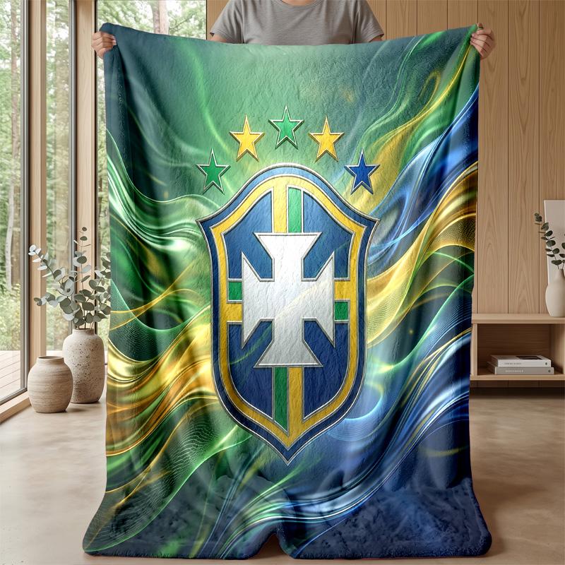 Brazil Football Printed Flannel Blanket Skin Friendly Warm Decorative Throw for Indoor Couch Bed Daily Use