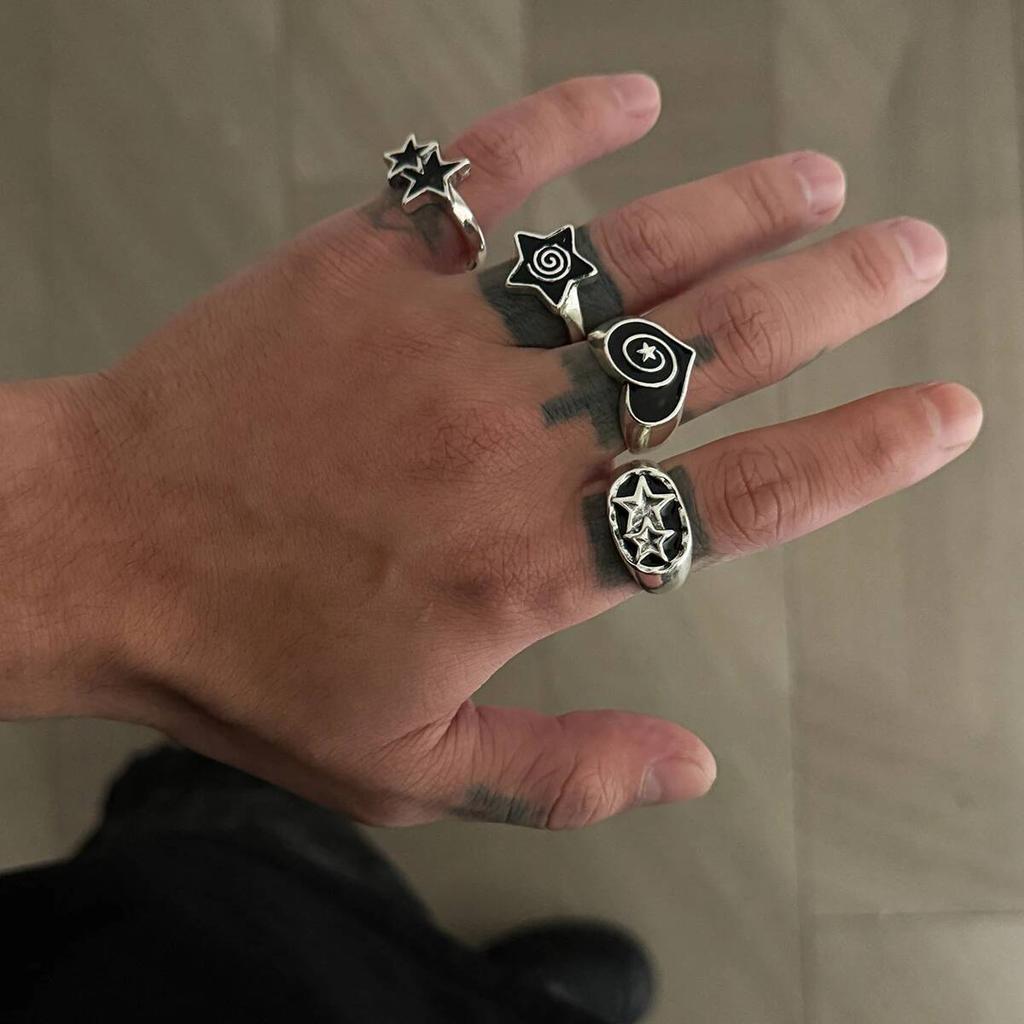 Salircon 4Pcs/Set Punk Five-Pointed Star Wide Rings for Men Hip Hop Gold Color Geometric Thick Opening Finger Rings Jewelry Gift