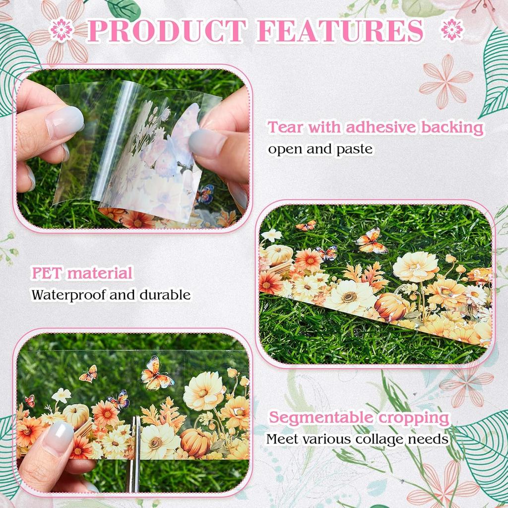 5 Floral Washi Tape Pet Tape Set Flowers Butterfly Scrapbook Junk Journal Supplies,Transparent Decorative Tape Sticker DIY For Art Crafts Bullet