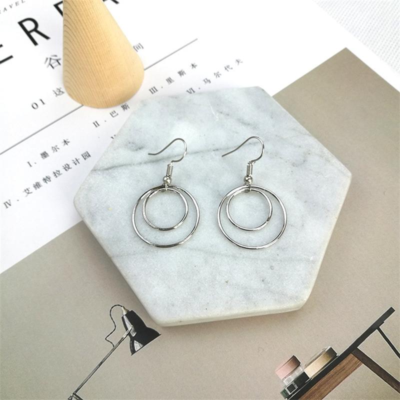 Silver Double Circle Hook Earrings Bohemian Women's Dangle Earrings Small Round Hanging Earrings Boucle D’oreille Femme