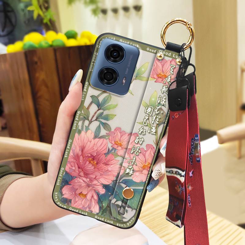 Anti-dust Wrist Strap Phone Case For MOTO G24 Power Lanyard For Mom Durable Wristband Fashion Kickstand Silicone Ring