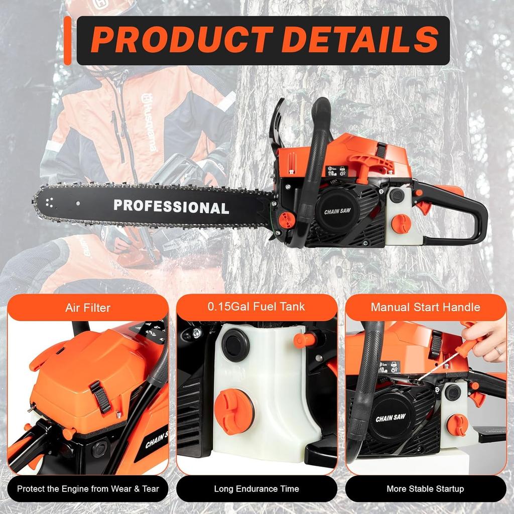 Upgrade 58cc Gas Chainsaw 20 Inch 2-Stroke Gas Powered Chainsaw Air-Cooled Gas Chain Saw Handheld Gasoline Chain Saw for Wood Cutting